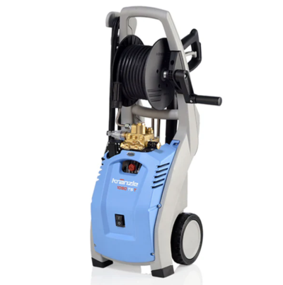 Máquina de alta pressão azul e cinza com carreto para mangueira preta e rodas