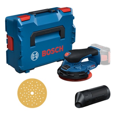 Lixadora elétrica Bosch azul e preta com estojo rígido azul e disco de lixa amarelo.