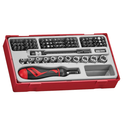 Conjunto de ferramentas em caixa vermelha com chave de fendas, pontas metálicas variadas e soquetes