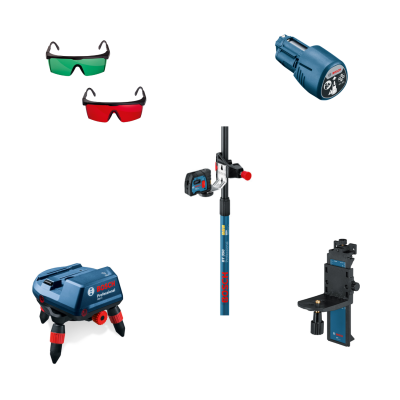 Conjunto de ferramentas Bosch azul e preto com acessórios e óculos de proteção