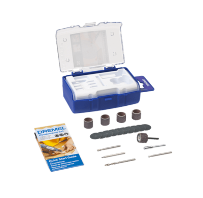 Estojo azul com acessórios Dremel e guia de início rápido