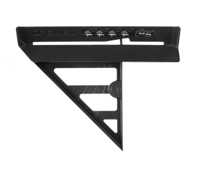 Esquadro preto de plástico com marca DREMEL e símbolos brancos, com medidas em relevo