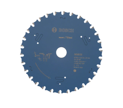 Disco de serra circular azul com dentes cortantes, marca Bosch e texto técnico
