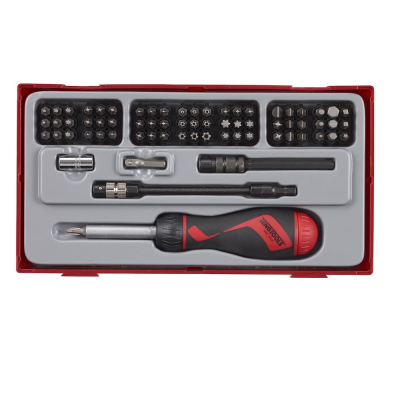 Conjunto de ferramentas com chave de fendas, pontas e adaptadores em caixa plástico vermelho e cinza