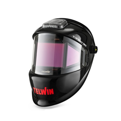 Capacete de proteção para soldadura preto com visor rosado e texto TELWIN