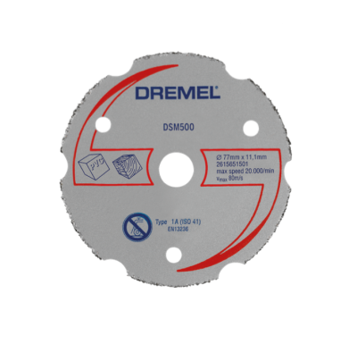 Disco de corte Dremel DSM500 cinzento com detalhes vermelhos e azuis