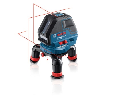 Laser de nivelamento Bosch Professional azul e preto com tripé e linhas laser vermelhas