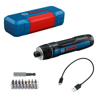 Conjunto ferramenta elétrica Bosch com estojo, chave, cabo USB e pontas coloridas