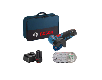 Conjunto de ferramentas Bosch com ferramenta, bateria, carregador, discos de corte e bolsa
