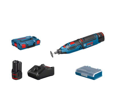 Conjunto de ferramentas rotativas Bosch com bateria, carregador e caixas em fundo branco