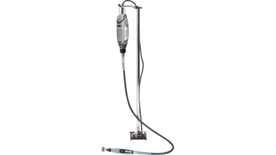 Ferramenta rotativa Dremel cinza com cabo flexível e suporte metálico