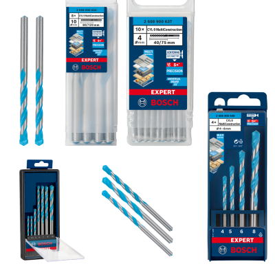 Brocas Bosch MultiConstruction em embalagens plásticas variadas com rótulos azuis e vermelhos