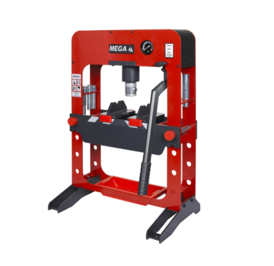 Prensa hidráulica vermelha e preta com alavanca e mostrador