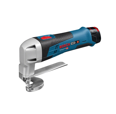 Ferramenta eléctrica Bosch azul e preta com lâmina circular para cortar chapa