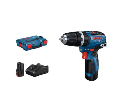 Conjunto de furadeira Bosch com bateria, carregador e caixa