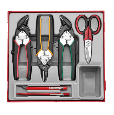 Conjunto de ferramentas com alicates, tesoura e canetas em caixa vermelha e cinza