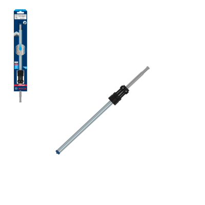 Haste telescópica metálica prateada com peça preta e ponta azul, embalagem BOSCH azul e branca