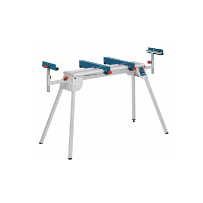 Suporte de bancada metálico cinza com suportes azuis ajustáveis