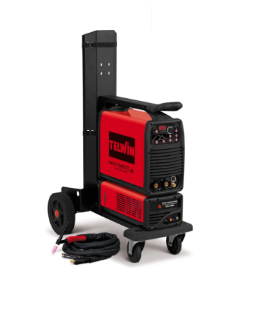 Máquina de soldar TELWIN Synergic TIG 307 AC/DC vermelha e preta com carrinho e mangueira