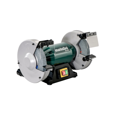 Afiadora elétrica Metabo DG 250 com discos abrasivos e botão de ligar/desligar.