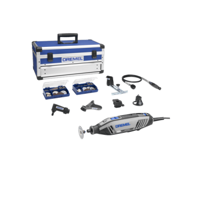 Conjunto de ferramenta rotativa Dremel com estojo azul e branco e acessórios