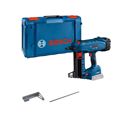 Ferramenta elétrica Bosch azul com caixa rígida e acessórios em fundo branco
