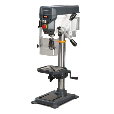 Máquina de furar de bancada metálica com proteção transparente e botões no painel superior