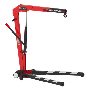 Grua de oficina vermelha e preta com gancho e inscrição MEGA 400