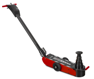 Macaco hidráulico preto e vermelho com alça longa e rodas