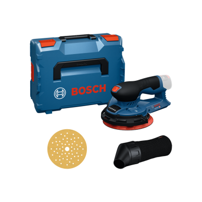 Lixadora elétrica Bosch azul com disco de lixa amarelo e estojo azul