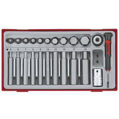 Conjunto de ferramentas de metal com porcas, trinco e chave de fendas com cabo preto e vermelho