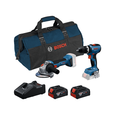 Conjunto de ferramentas Bosch com mala, esmerilhadora, furadeira, baterias e carregador.