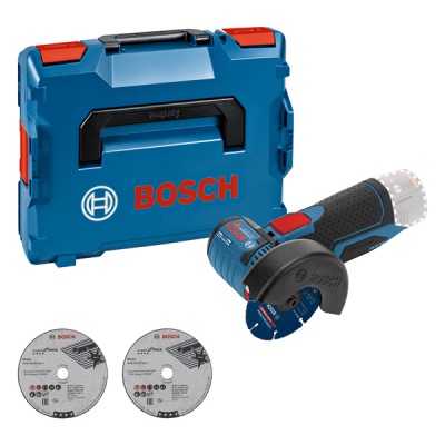 Kit de ferramenta Bosch com rebarbadora, lâminas de corte e caixa azul