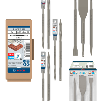 Brocas e talhadeiras metálicas Bosch SDS plus-5C en embalaxes con etiquetas