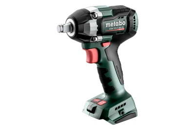 Pistola de impacto Metabo verde e preta com detalhes vermelhos