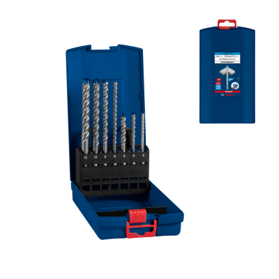 Conjunto de brocas Bosch SDS-Plus numa caixa azul aberta com brocas visíveis e numerações.