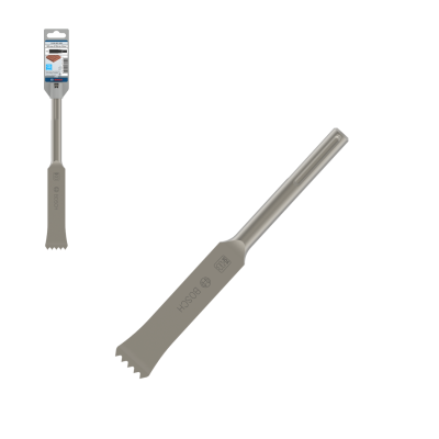 Formão para martelo perfurador cinza com ponta dentada e etiqueta Bosch