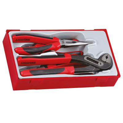 Conjunto de ferramentas com alicate e chaves ajustáveis com cabos vermelhos e pretos numa caixa vermelha