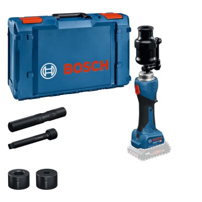 Conjunto de ferramentas Bosch com caixa azul, ferramenta elétrica e acessórios negros