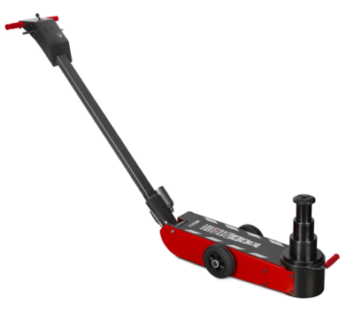 Macaco hidráulico de chão vermelho e preto com braço longo e rodízios