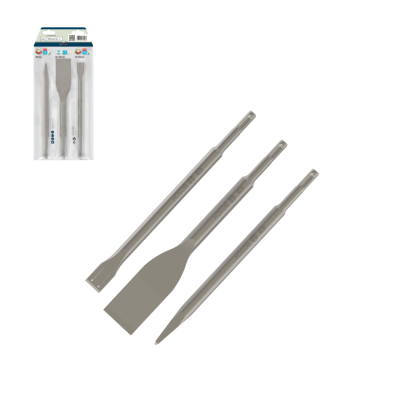 Conjunto de 3 pontas para martelo perfurador Bosch em metal prateado e embalagem transparente e azul.