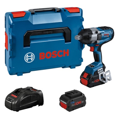 Conjunto BOSCH com caixa azul e vermelha, chave de impacto sem fio azul, bateria e carregador