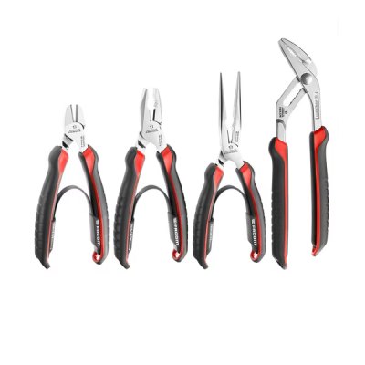Conjunto de quatro alicates com cabos preto e vermelho em fundo branco