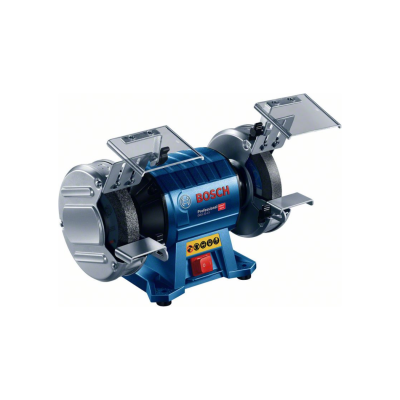 Rebolo de bancada Bosch Professional azul com rodas de rebolo cinzentas e proteções transparentes