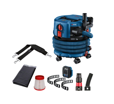 Aspirador industrial azul com acessórios e mangueira