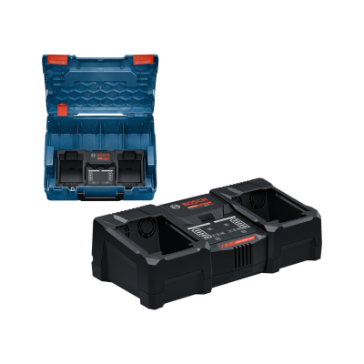 Carregador duplo Bosch preto numa caixa azul aberta.