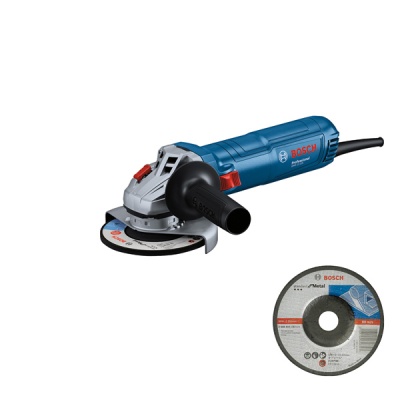 Esmerilhadora angular azul e preta BOSCH com disco de corte e cabo elétrico