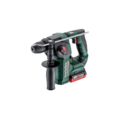 Martelo perfurador Metabo verde e preto com bateria vermelha