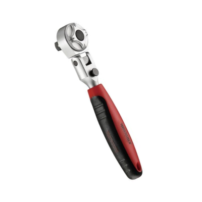 Chave inglesa com cabeça articulada e punho vermelho e preto