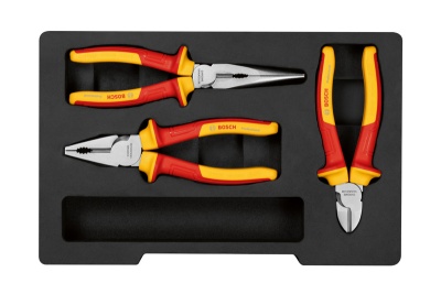 Conjunto de três alicates com cabos vermelhos e amarelos da BOSCH numa base preta de espuma